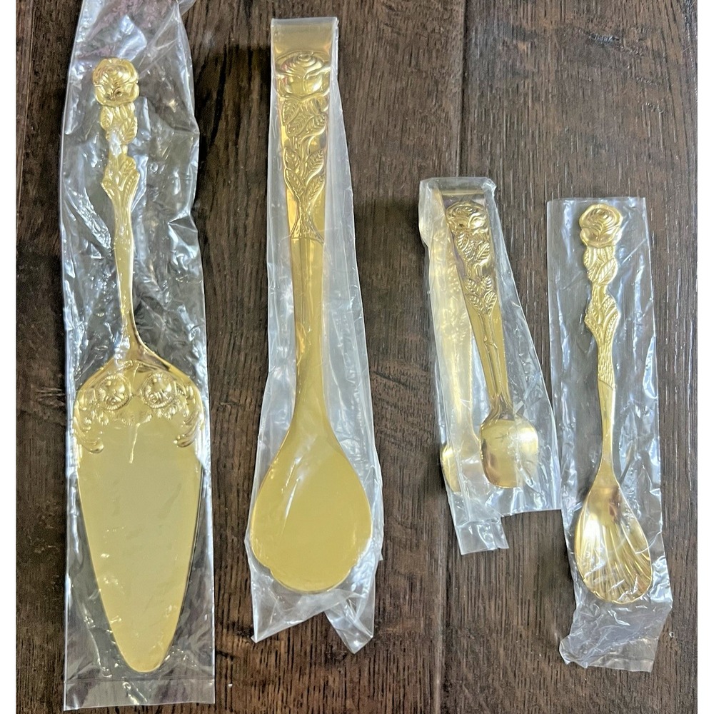 Vintage Flatware Set Gold Plated Romantic Rose Dessert 28 Pc EP SS Japan NOS - Picture 5 of 10